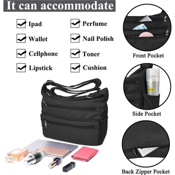 RFID Purses for Women Fabric Nylon Multi Pocket Crossbody Bag - Picture 4 of 7